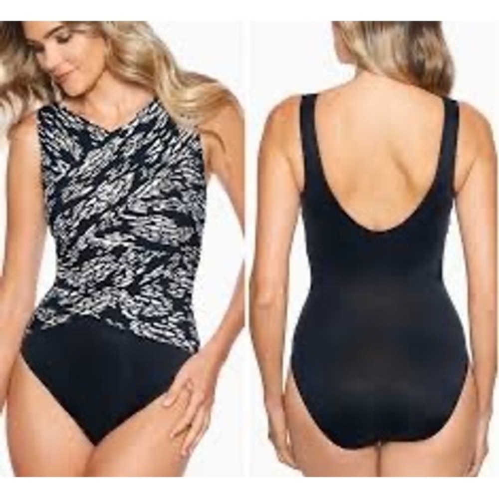 Miraclesuit Swimsuit Women 16 Black White Gold Exc Brio Underwire One Piece